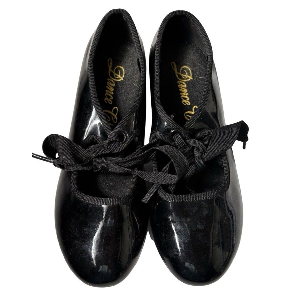 Dance Class Black Patent Tap Shoes Girls Youth Size 12.5 Lace Up GUC